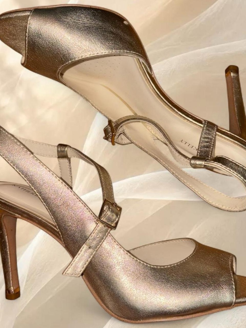 Katherine Kelly Gold Slingback Peep Toe Heels 7